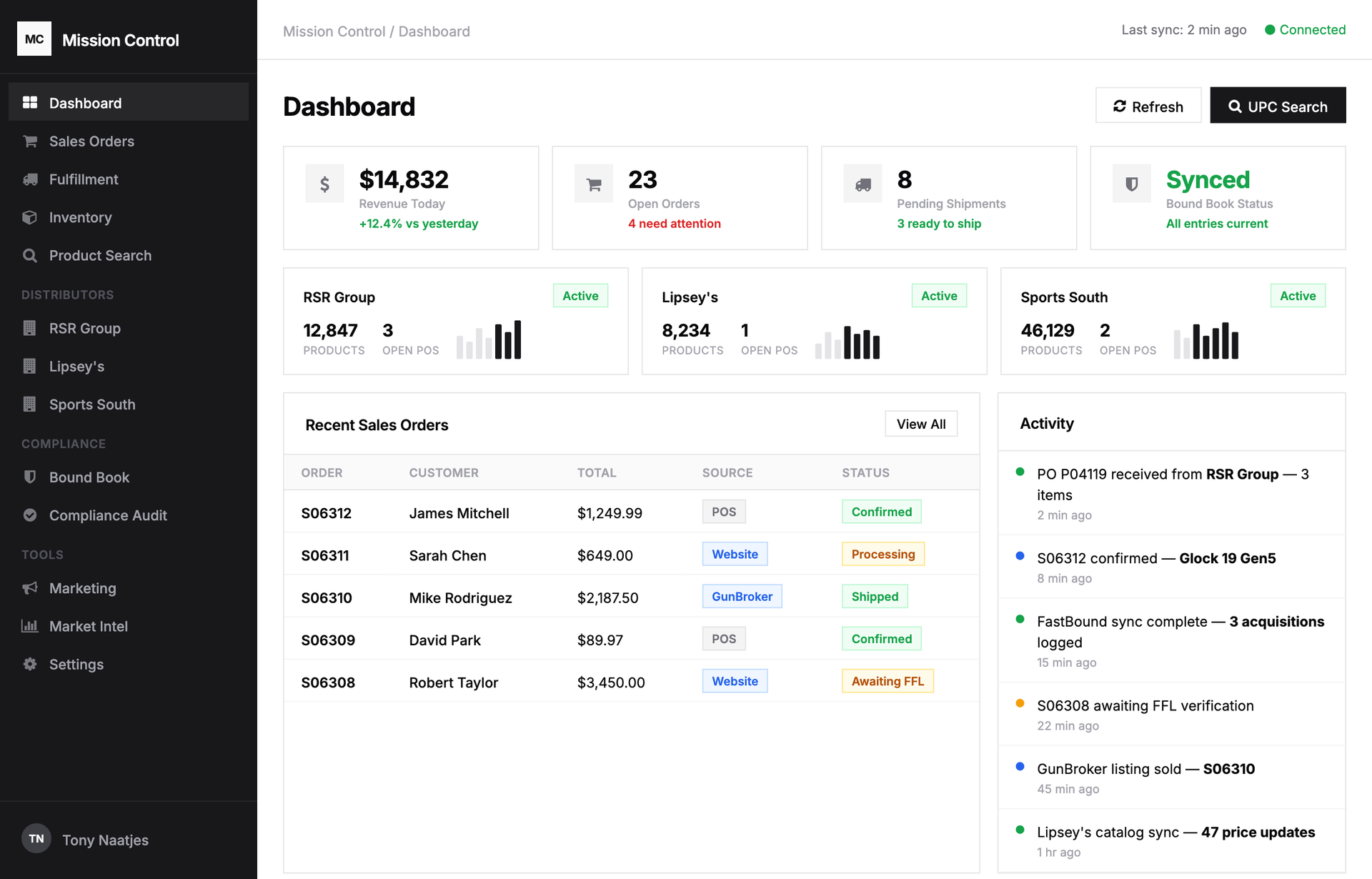 Mission Control dashboard showing sales, fulfillment, and distributor data