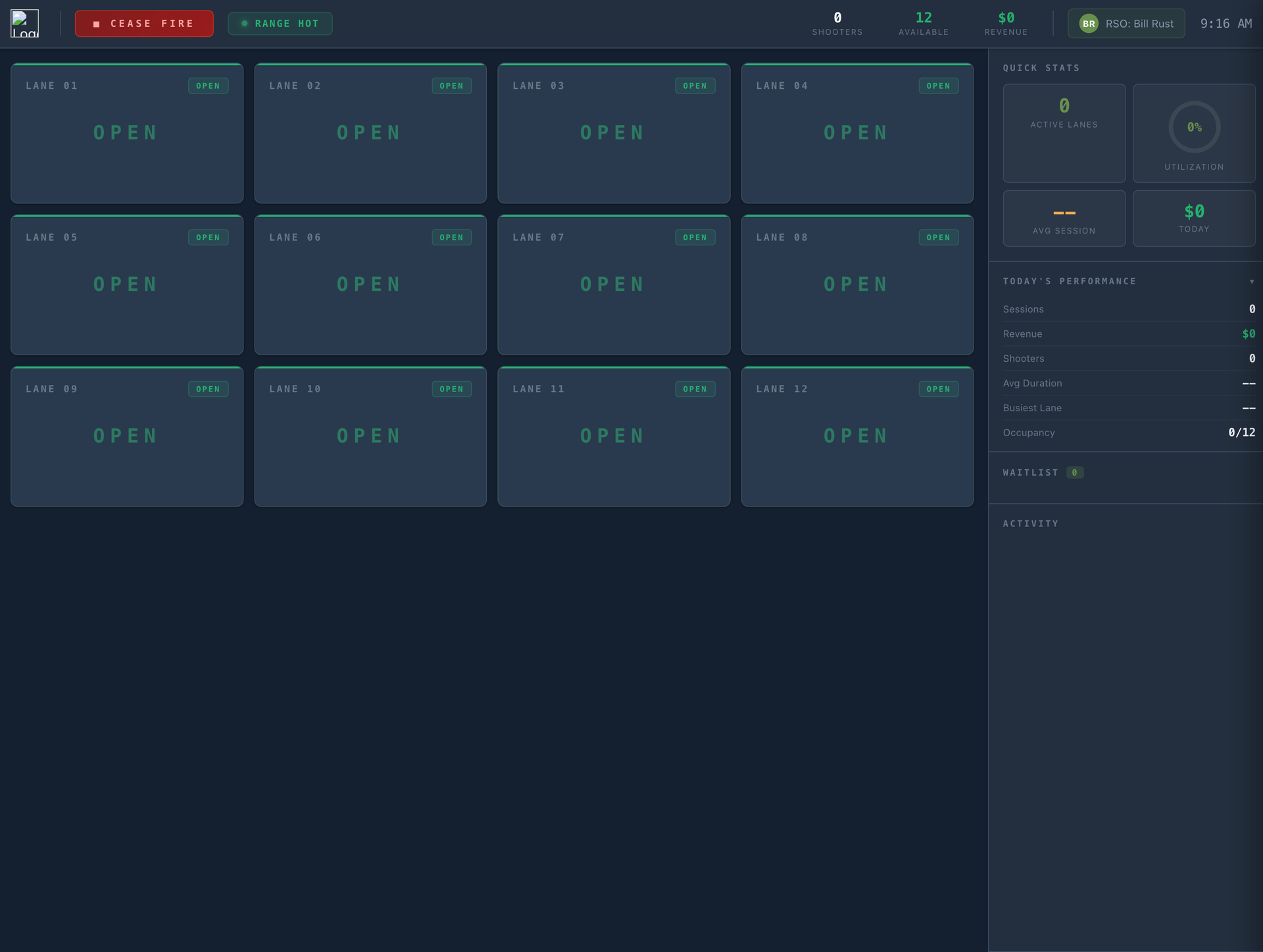 GRMS Range Dashboard showing 12 lanes with status, quick stats, and performance metrics