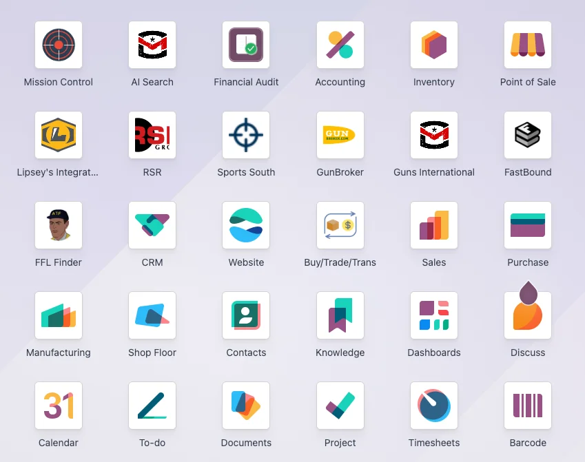 FFL ERP Odoo home screen with Mission Control, AI Search, Compliance, POS, Inventory, and Distributor integrations